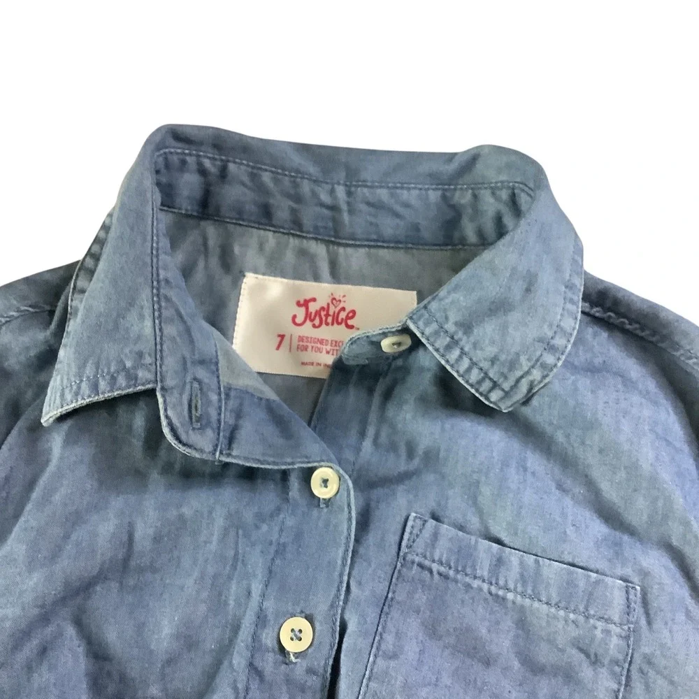 Justice Button Down Shirt‎ Girls 7 Blue Chambray Tie Front Casual School